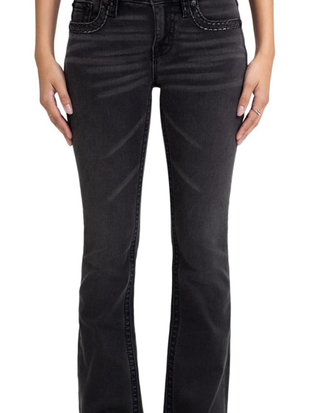 Miss Me Women's Onyx Border Stitched Faux Flap Pockets Mid-Rise Bootcut Jeans